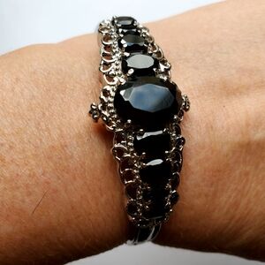Black Spinel Stones Spring Cuff Bracelet Silver Look‎ Women Jewelry
